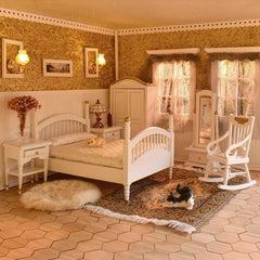 iLAND Victorian dollhouse bed with Brewster posts adds regal period detail.