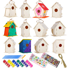 ILHSTY Bird House Kit is shown with a step-by-step assembly for kids' craft fun.