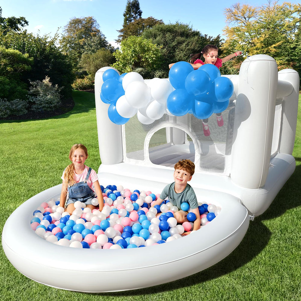 iLink-outer white bounce house castle for safe indoor play with two toddlers
