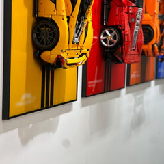 iLuane Display Wallboard aluminum frame and acrylic mirror enhance collectible presentation.