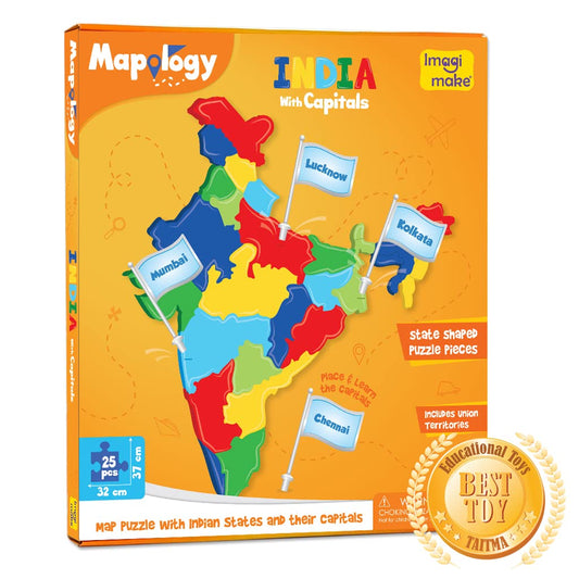 Imagimake Mapology India map puzzle frame showing 24 state shapes for interactive learning.