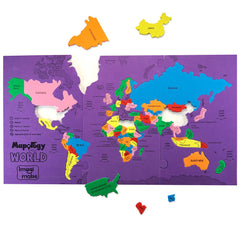 Imagimake Mapology World Map Puzzle reveals 65 country pieces for hands-on geography learning.