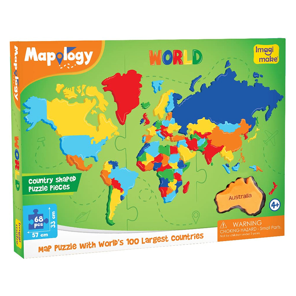 Imagimake Mapology World Map Puzzle shows foam frames for interactive geography play.
