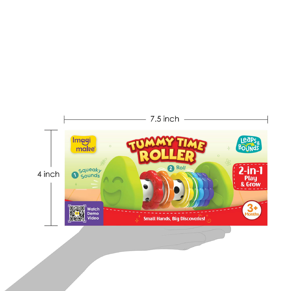 Imagimake Tummy Time Roller seven textured rings aid grasping and sensory exploration.