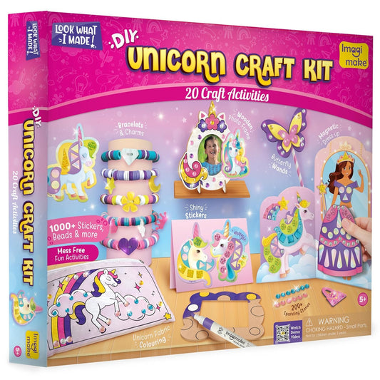Imagimake unicorn craft kit packaging shows a colorful, mess-free setup for young creators.