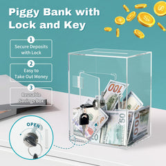 Imeepa large capacity piggy bank fits many coins and bills.