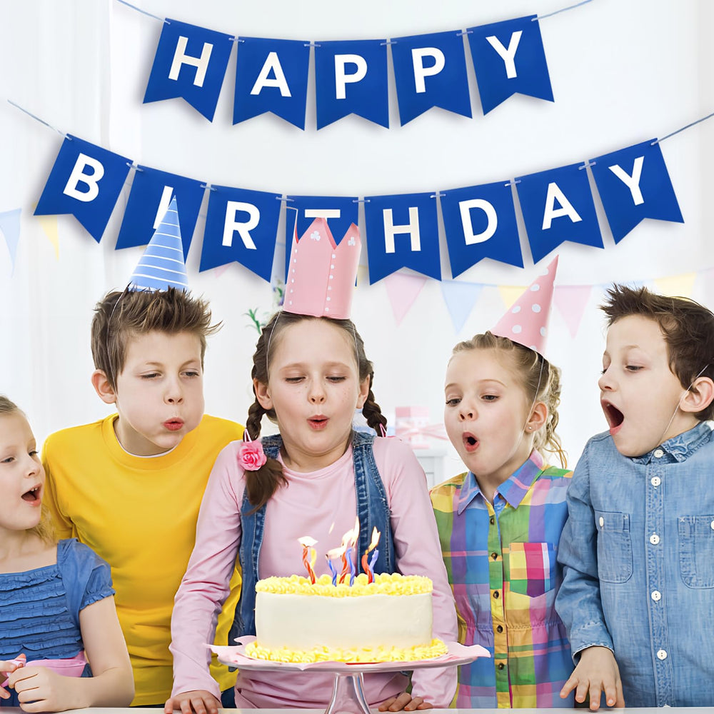 Imtively birthday flag bunting 13-sides blue adds cheerful color to walls.