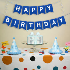 Imtively blue birthday sign banner provides reusable decoration for gatherings.