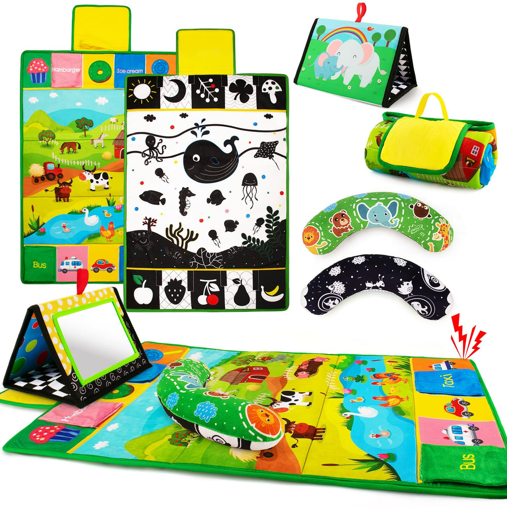 Inbeby tummy time mat with bold black-and-white contrasts for visual tracking.