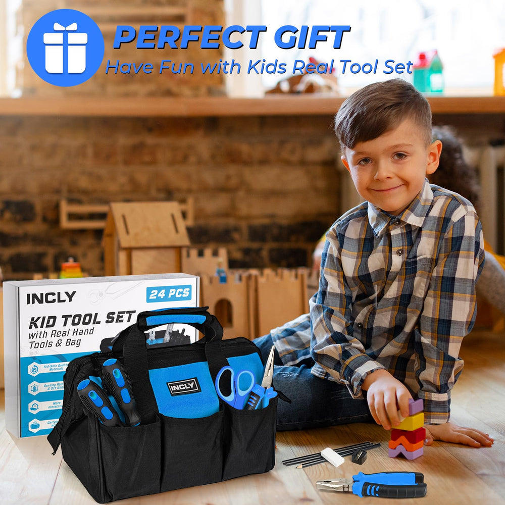 INCLY 24-pcs kids real tool set measuring tape aids accurate measuring.