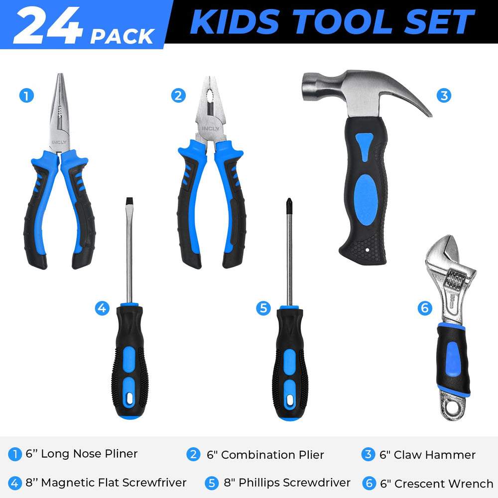 INCLY 24-pcs kids real tool set screwdriver supports precise pretend repairs.