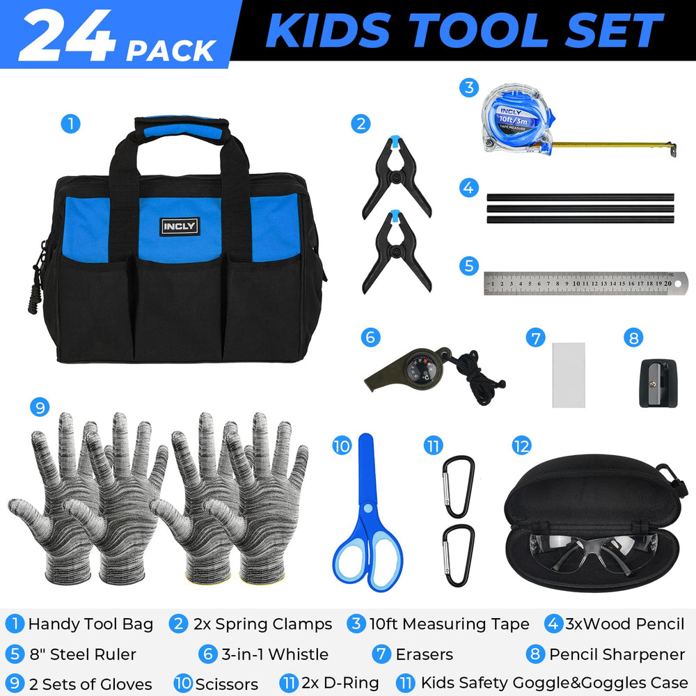 INCLY 24-pcs kids real tool set wrench for kid-sized DIY tasks.