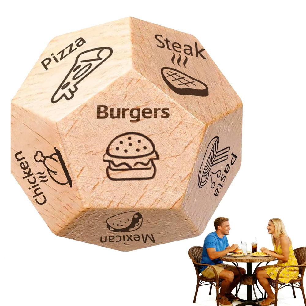 Infanote food decision dice on the dinner table for a romantic date night.