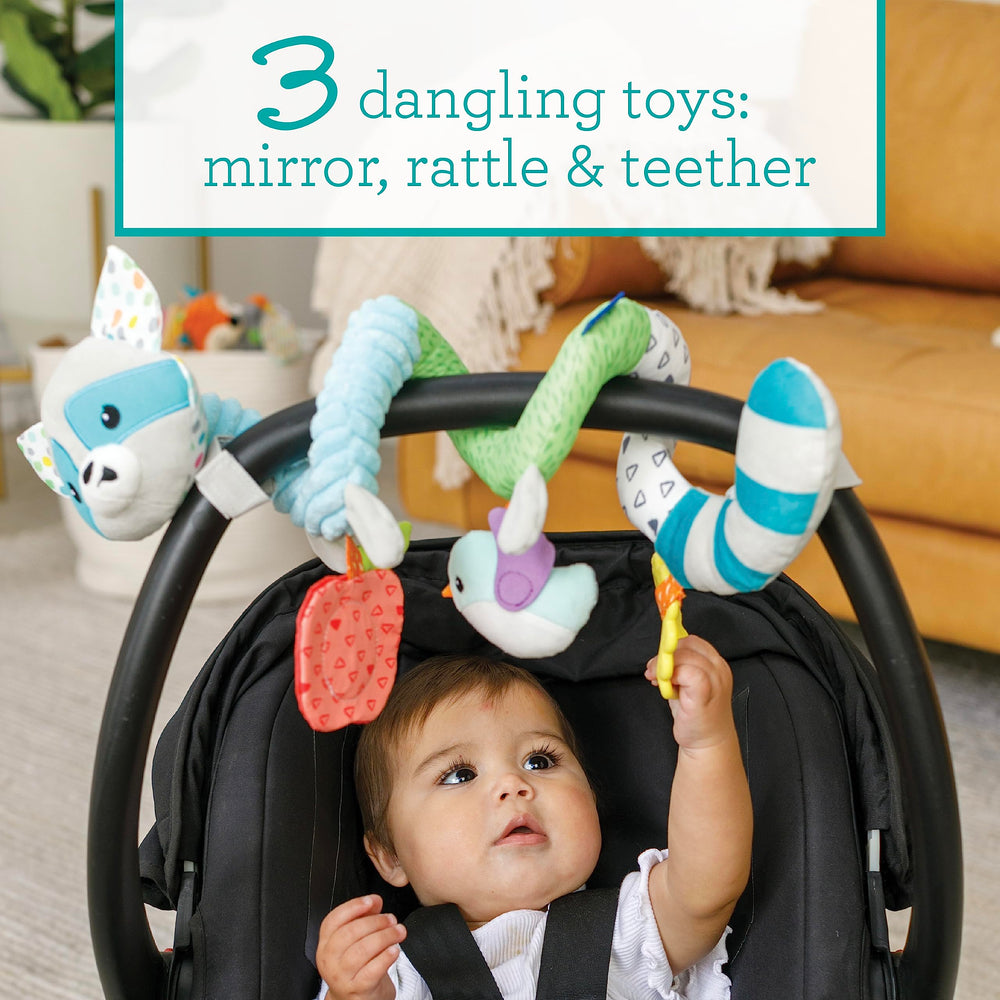 Infantino Spiral Toy bird rattle adds gentle sounds to capture baby attention.