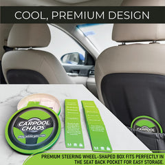 Carpool Chaos travel activities laid out on a car seat