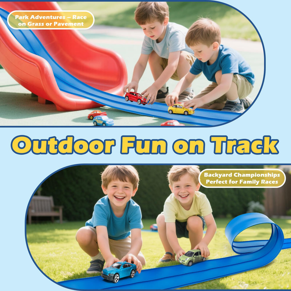 INKZOO Flex Tracks sticks to windows and walls for vertical racing challenges.