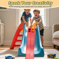 INKZOO track with strong suction cups clinging to a window for vertical racing.