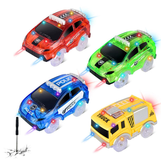 INLAIER Track Cars Glow 4-Pack on glow track for night play