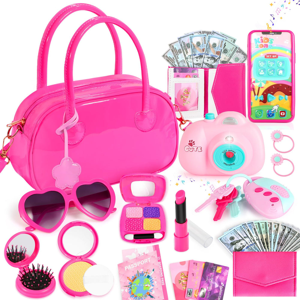 INNOCHEER pink patent purse with flower pendant for stylish pretend play