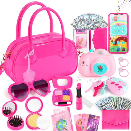 INNOCHEER pink patent purse with flower pendant for stylish pretend play
