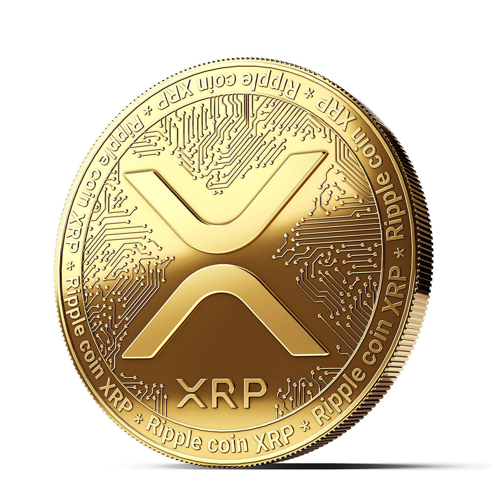 InnoGadgets XRP coin gold-plated front view showcases intricate engravings for display collections.