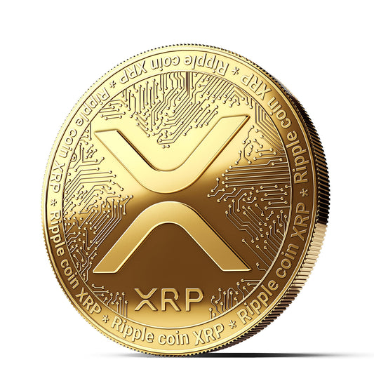 InnoGadgets XRP coin gold-plated front view showcases intricate engravings for display collections.
