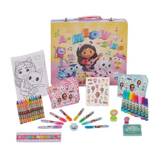 Innovative Designs Gabby's Dollhouse Deluxe tin carrying case keeps art supplies organized during travel.