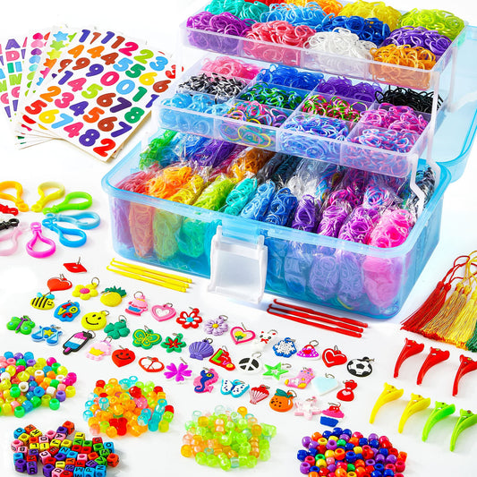 INSCRAFT 17500+ rubber bands in blue container for organized crafting.