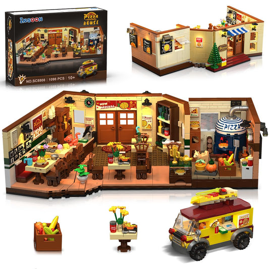 INSOON City Street Pizza Restaurant Building Set highlights open interior view for display