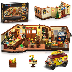 INSOON City Street Pizza Restaurant Building Set highlights open interior view for display