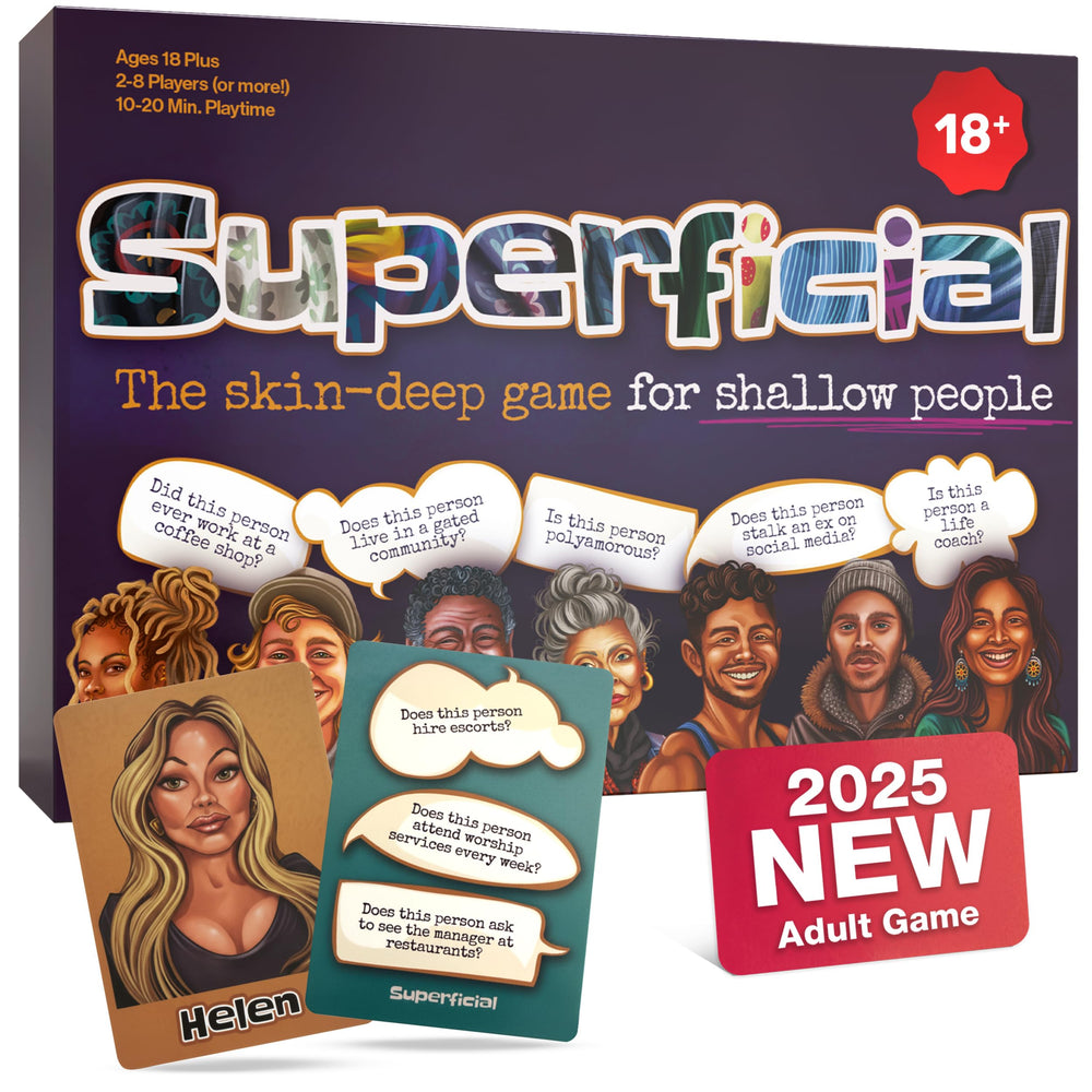 Inspiration Play Superficial card game front cover, bold design for adults' party night.