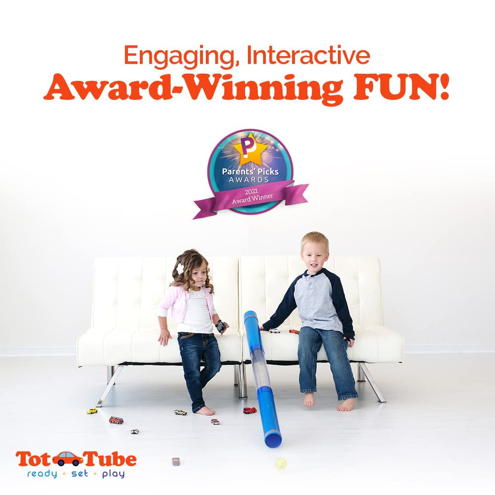 Inspiration Play Tot Tube Playset compatible cars and balls for versatile play.
