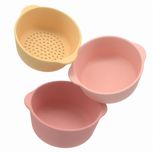 Inspire My Play coral nesting bowls stacked for easy, mess-free play.