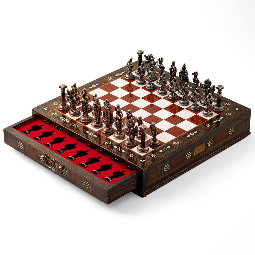 INTERIART chess board with integrated storage drawer keeps pieces organized