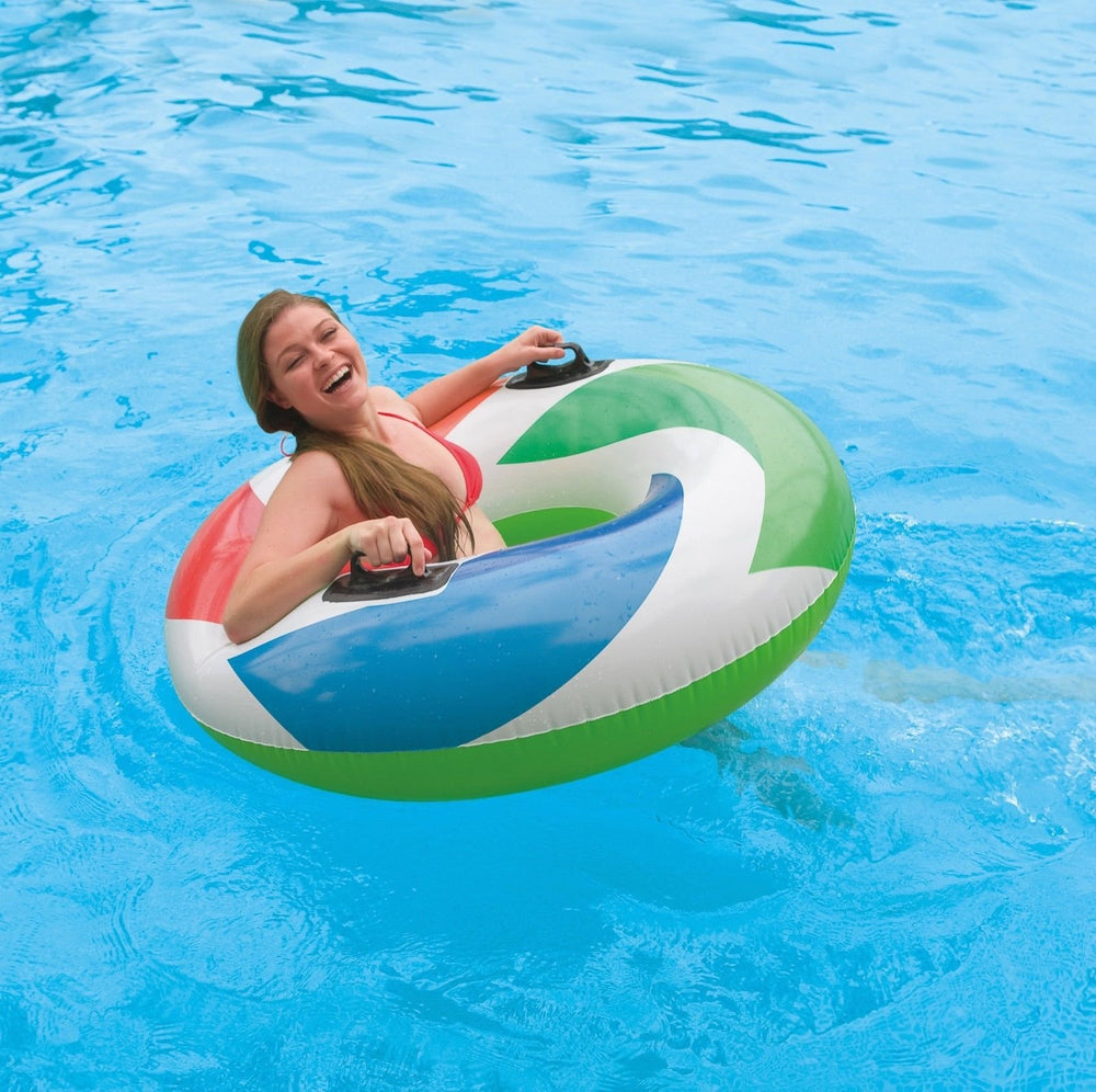 Intex Color Whirl pinwheel design adds bright, stylish color for family pool days.