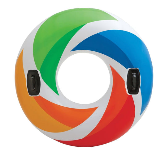 Intex Color Whirl tube with handles provides easy mounting and stable lounging on the water.