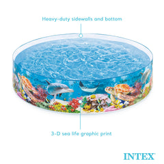 Intex Deep Sea Blue pool sea-life graphic enhances pretend swim adventures.