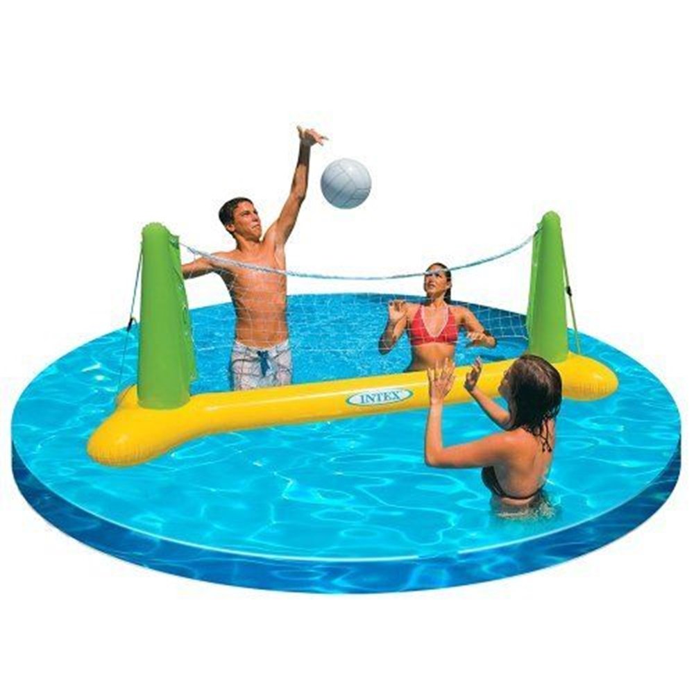 Intex inflatable volleyball included for quick pool play setup.