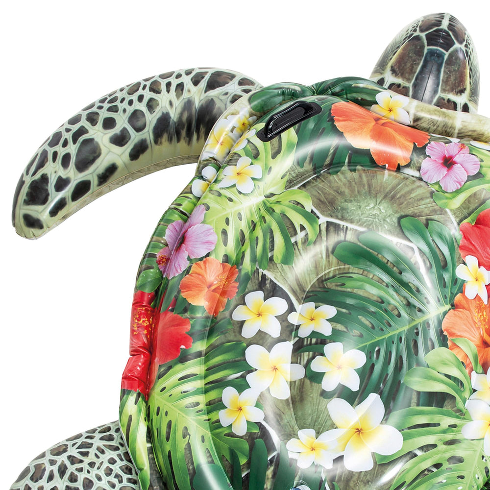 Intex inflatable turtle includes repair kit for quick on-site fixes.