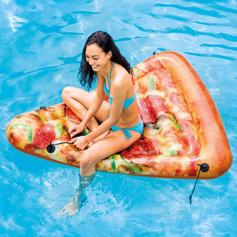 Intex Pizza Slice Mat inflated size 69 by 57 inches for ample lounging.
