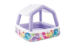 Intex 57470EP sun shade pool side view highlights durable 10-gauge vinyl for lasting outdoor fun.