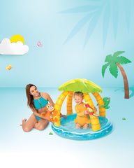 Intex Tropical Island toddler pool shows shallow splash area for kids.