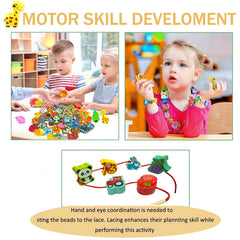 Intsinzi child threading beads in action promotes fine motor and concentration during pretend play.