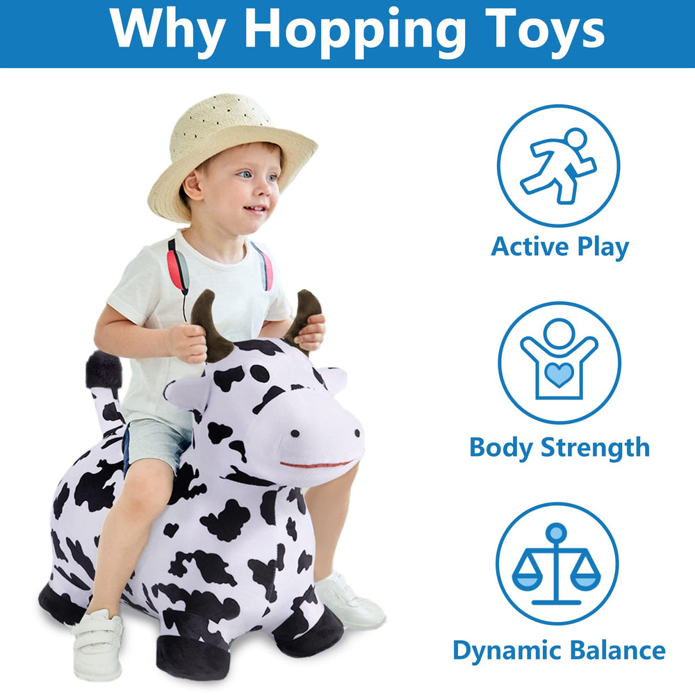 iPlay Bouncy Pals Cow hopper in action promotes active hopping fun.