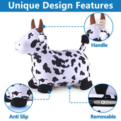iPlay Bouncy Pals Cow hopper removable plush cover for easy cleaning.