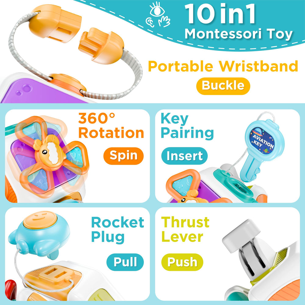 iPlay iLearn Busy Board Cube rocket plug supports sensory play and color matching