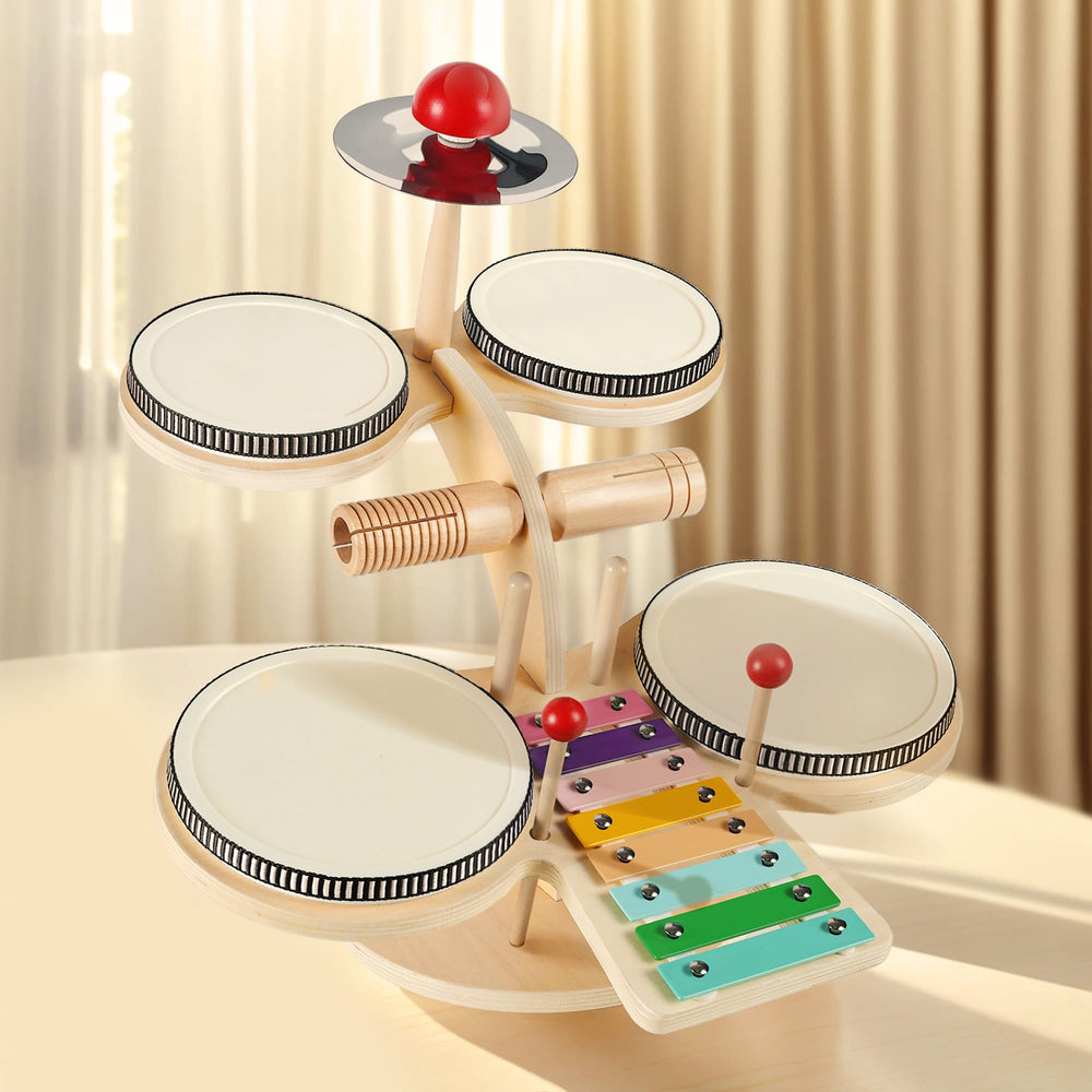 iPlay iLearn drum set wide view shows a complete all-in-one percussion kit for shared play.