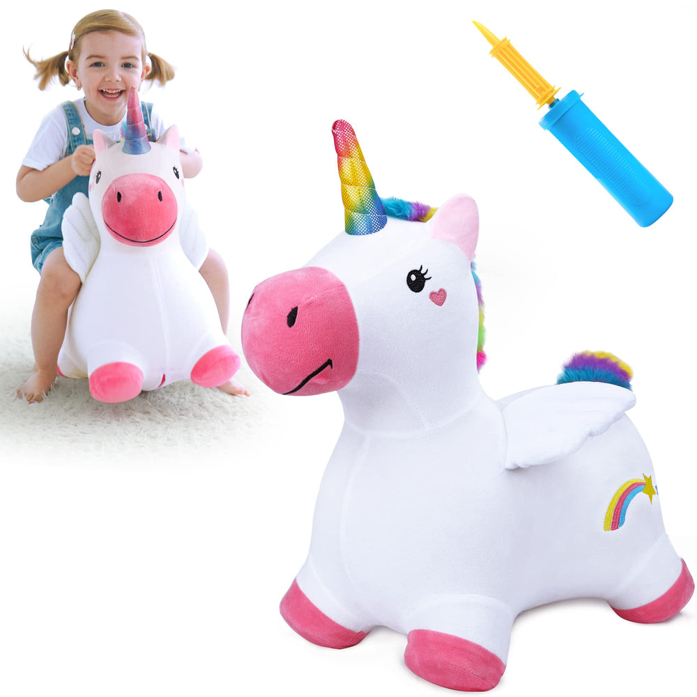 iPlay iLearn hopping unicorn horse contrasts on plush ride-on surface for balanced play