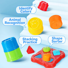 iplay shape sorter cups improve shape recognition and fine motor exploration.