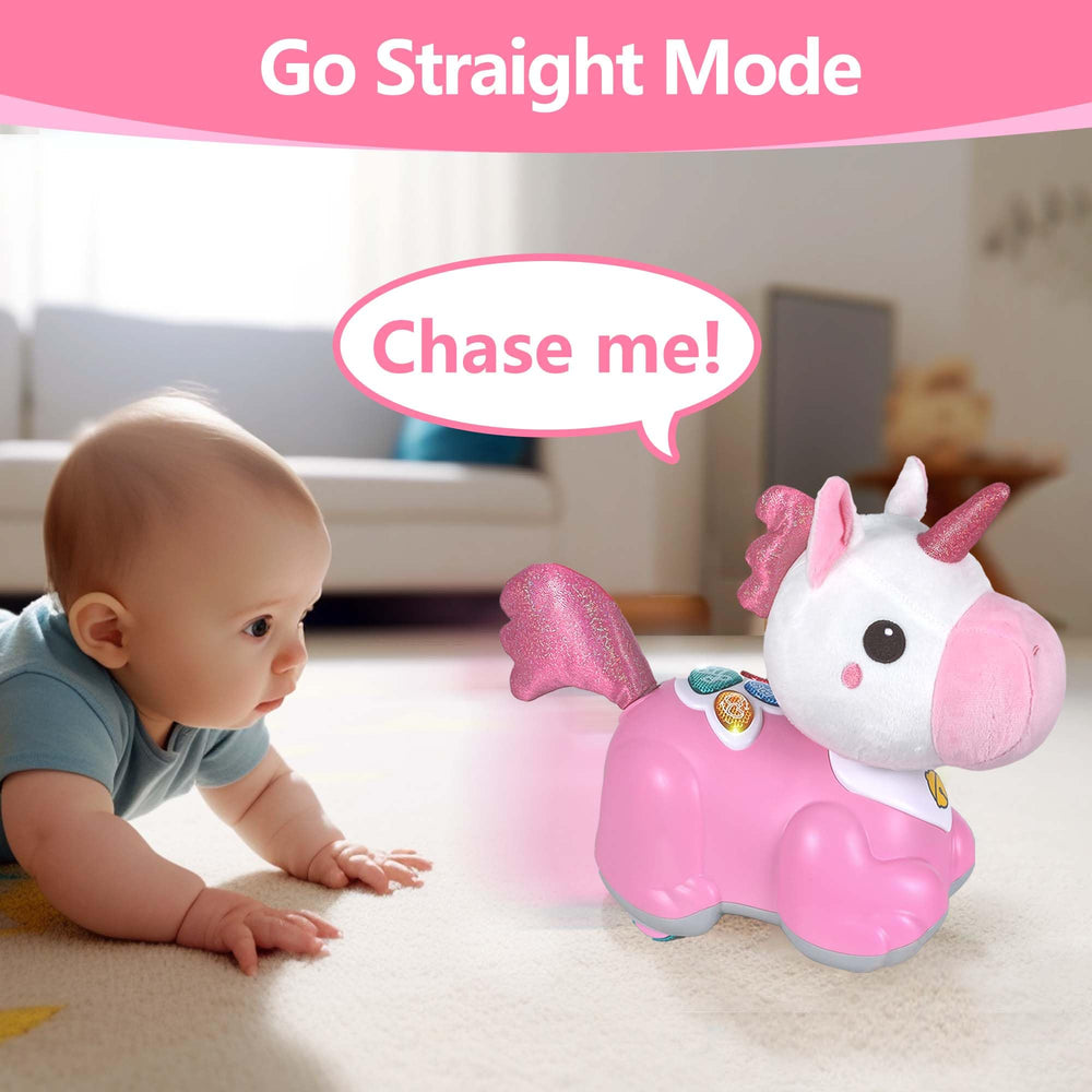 IPlay unicorn toy back with lit buttons promoting sensory exploration.